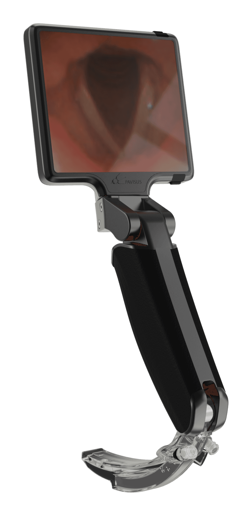 The assembled Pavisus videolaryngoscope: handle, camera arm, blade and a screen showing an airway view.