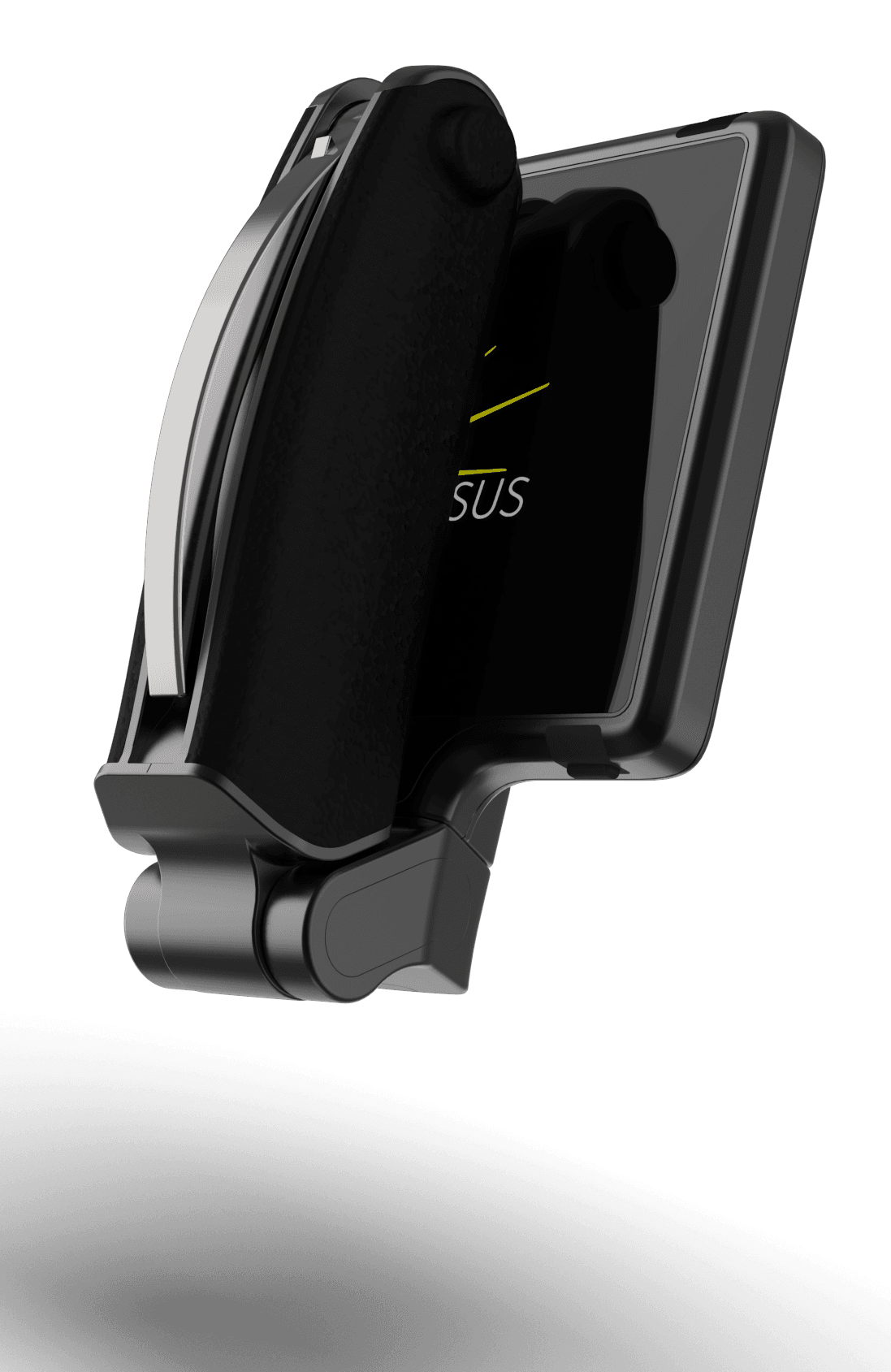 The device folded, the camera arm lying flat against the screen housing.