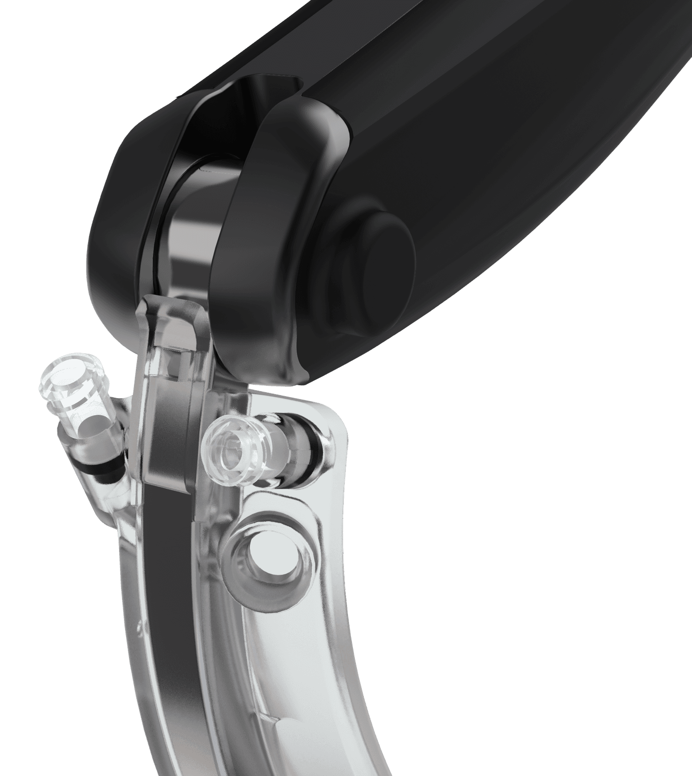 The clear single-use blade meeting the camera arm, with its connectors visible.