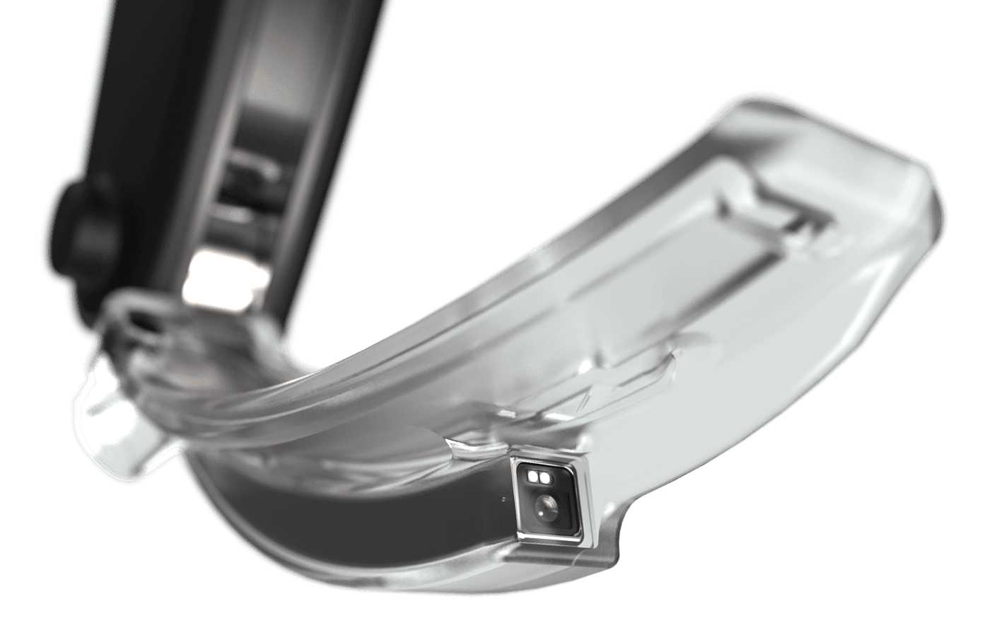 Close-up of the blade tip, showing the camera set behind the clear housing.