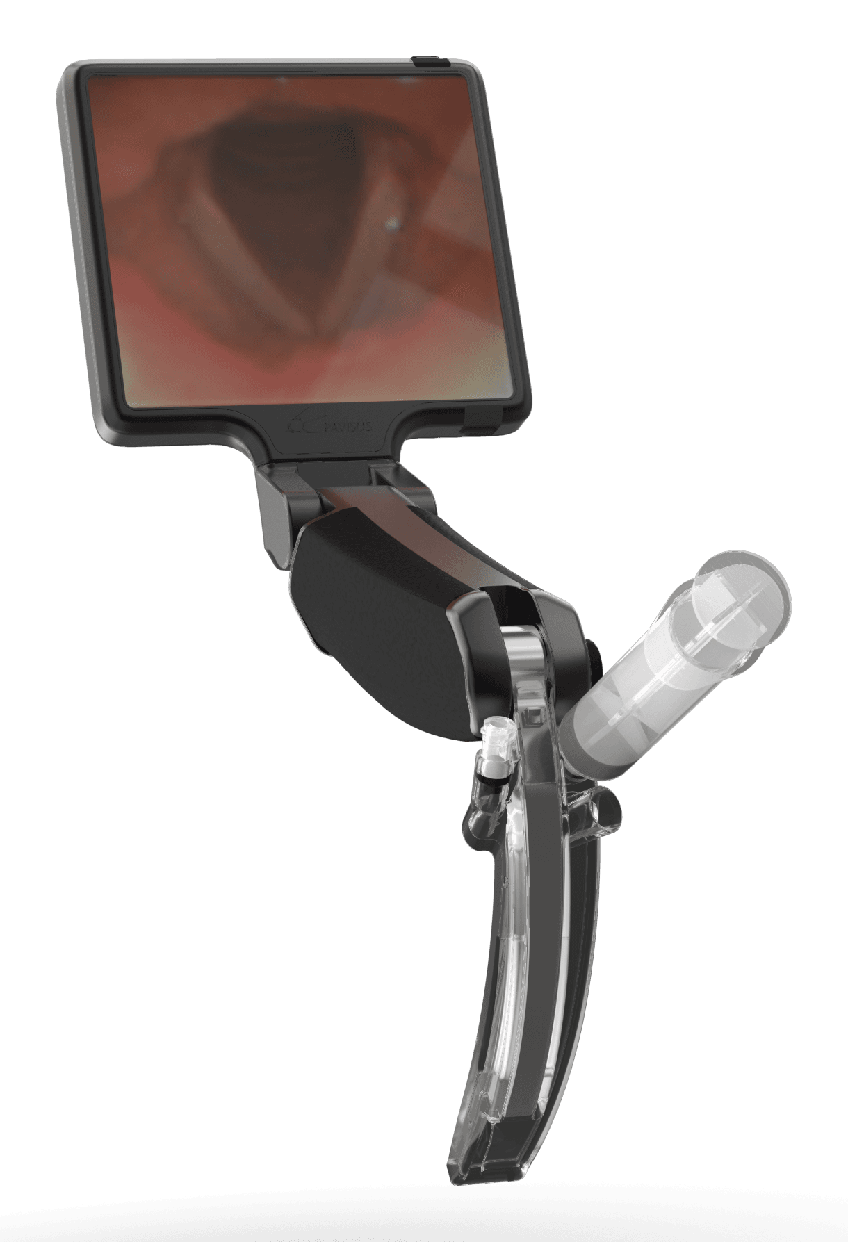 A syringe connected to the blade's delivery channel.