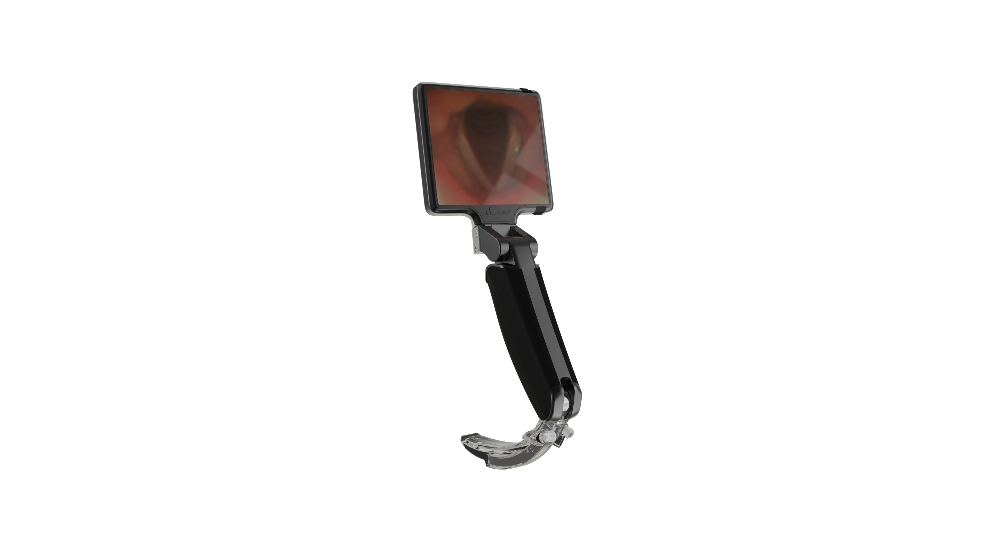 Pavisus Videolaryngoscope with dual-channel blade design showing monitor, handle unit, and transparent blade with integrated suction and insufflation channels